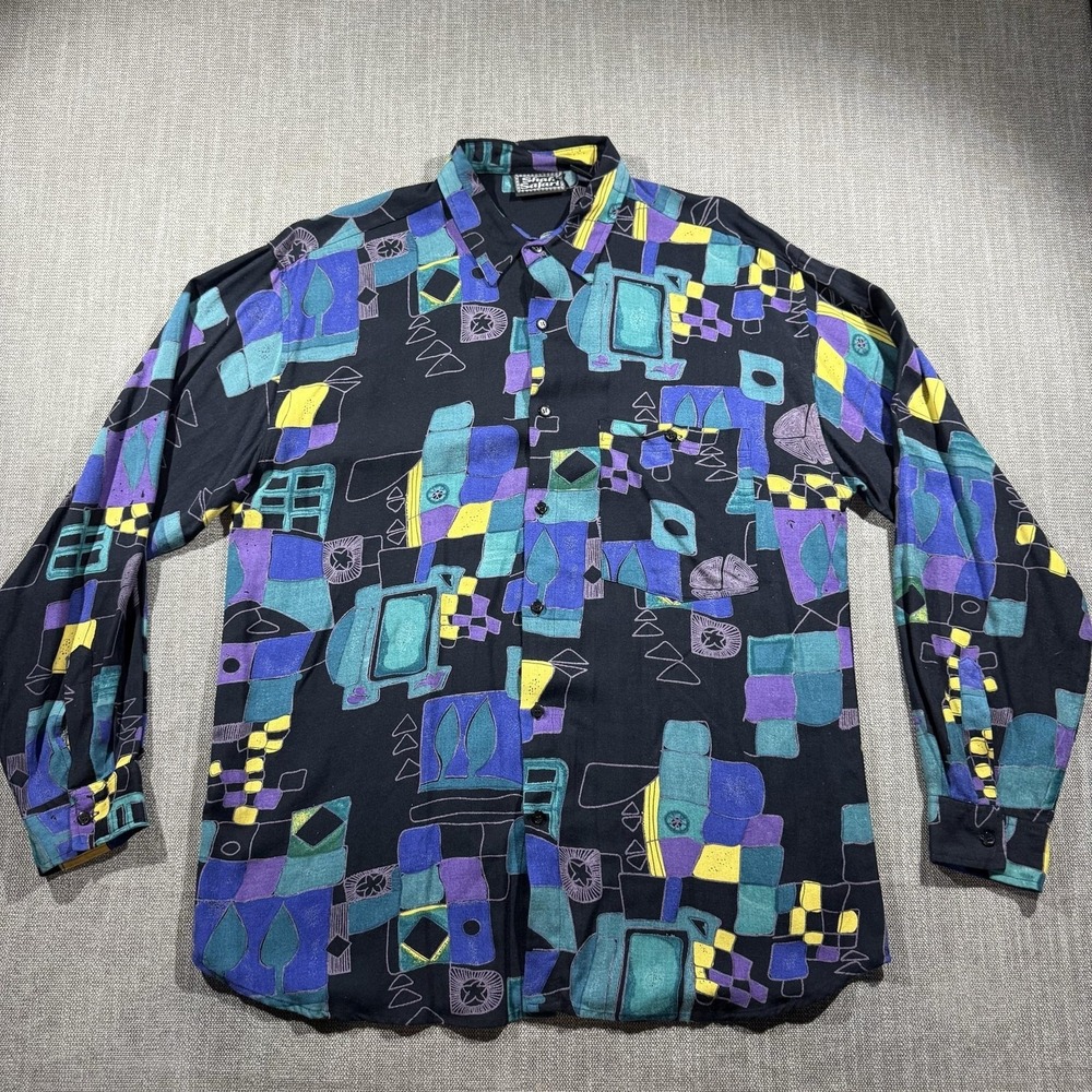 Vintage Shah Safari Shirt Mens Large Multicolor Abstract Geo Rayon Long Sleeve